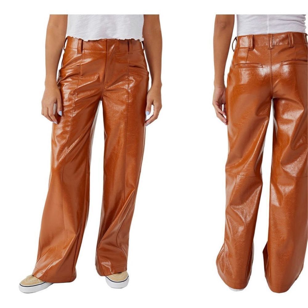 Free People Star Crossed Lovers Patent Leather Straight Leg Pants Size 6 Nwt